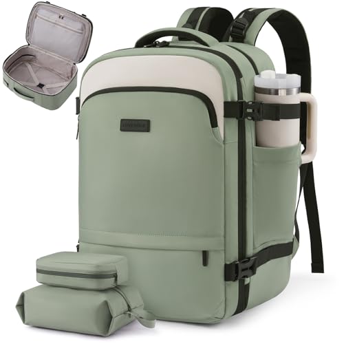 LOVEVOOK Carry On Backpack for Women Flight Approved, Travel Backpack for Men, Personal Item Travel Bag with Large Cup Holder & Padded Laptop Compartment, Business Daypack with 2 Cubes, 17.3 Inch - color: Olive Green-white-dark Green, size: 45L-17.3 Inch-