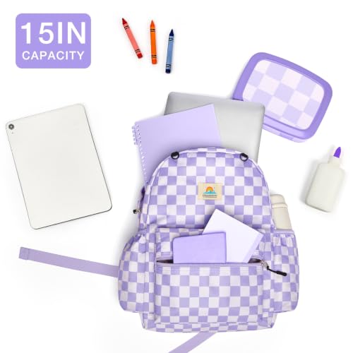 STEAMEDBUN Kids Backpack for Boys Girls 5-8, 15inch Girls Boys Backpacks Kindergarten - color: Light Purple Checkerboard, size: SMALL-15"H(fit folder)