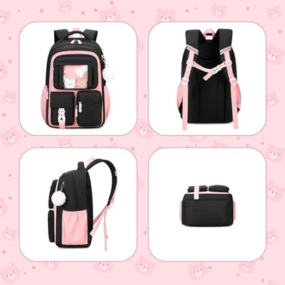 Kids Backpack for Girls School Bags for Middle School Students Book Bag for Elementary Primary Kawaii Ita Backpack, Black and Pink - color: Black and Pink