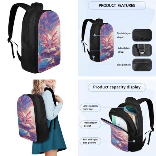 Flashideas Cherry Blossom Axolotl Backpack for Girls Kids Backpack with Lunch Box 32 oz Insulated Water Bottle and Water Bottle Holder 4Pcs Set 17" Cute Elementary Bookbag with Compartments for School - color: Cherry Blossom Axolotl-1