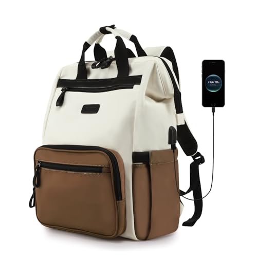 Timeet Laptop Backpack for Women, 17 Inch Travel Backpack Purse with USB Charging Port, Waterproof and Anti theft Carry On Backpack for Office College Teacher Women Men, White-Brown - color: White-brown, size: 17 Inch