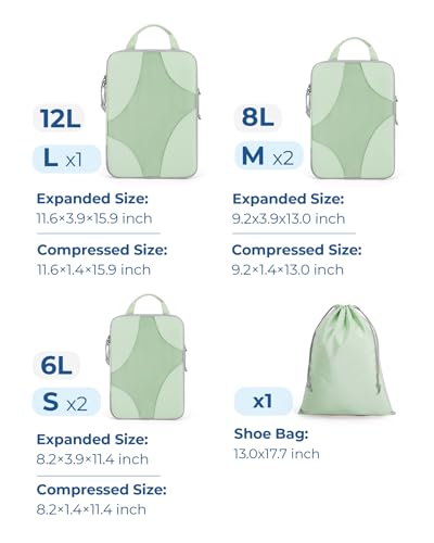 BAGSMART Compression Packing Cubes for Travel, Compressible Luggage Organizer for Cruise Ship, Lightweight Travel Essentials 6-Pack 1L+2M+2S+1Shoe Bag, Fruit Green