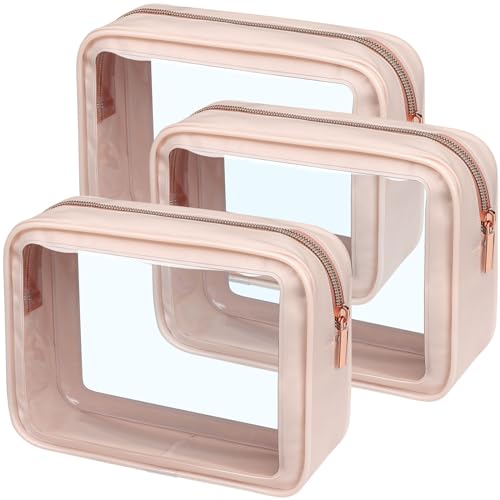 PACKISM Clear Makeup Bag - TSA Approved Toiletry Bag for Carry-on & Checked Luggage, Water Resistant Car Storage Organizer with Reinforced Seams - color: 3 Pack Pink, size: TSA Specialist (3-Pack Medium - Soft)