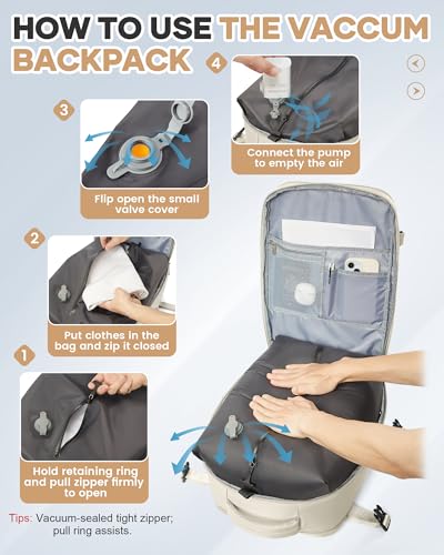 Vacuum Seal Travel Backpack with Air Pump Compression Waterproof Vacpack Carry On Backpack for Travel Daypack Women Men with Vacuum System Airlines Approved Vacpack Laptop Space Saver Bags Beige - color: B16-beige-(with Air Pump)