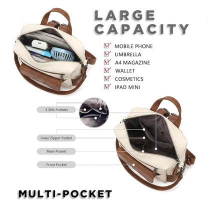 WYFJNX PU Leather Backpack Purse for Women Fashion Multipurpose Design Handbag Ladies Shoulder Bags Travel Backpack White Brown - color: White Brown