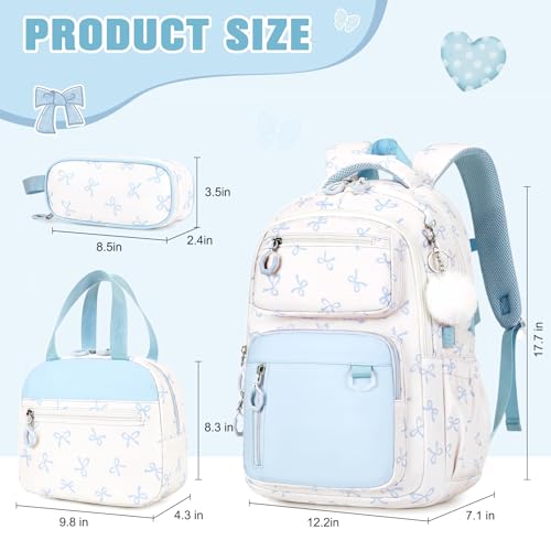 Bevalsa Backpack for Girls 3PCS Teen Girls Bow Backpack for School with Lunch Bag Pencil Case Blue Cute Kids Laptop Backpacks Bookbag for Elementary Middle High School College Student (Bow) - color: Blue Bow
