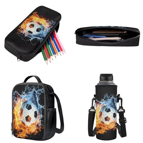 Soccer Water Flame 4-in-1 Backpack Set for Kids Multifunctional School Bag Set Reusable Daypack Casual Rucksack with Lunch Box Pencil Case Water Bottle Sleeve - color: Soccer Water Flame