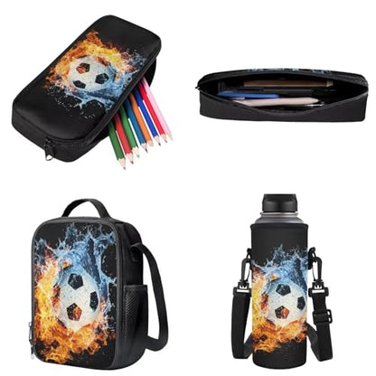 Soccer Water Flame 4-in-1 Backpack Set for Kids Multifunctional School Bag Set Reusable Daypack Casual Rucksack with Lunch Box Pencil Case Water Bottle Sleeve - color: Soccer Water Flame