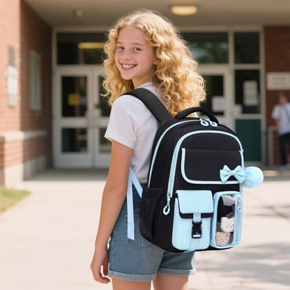 Girls Backpack, School Backpack for Girls, Cute Bow Kids Bookbag for Grils Children Teens for Elementary Middle High School Student, Back To School, Black Blue - color: Black Blue