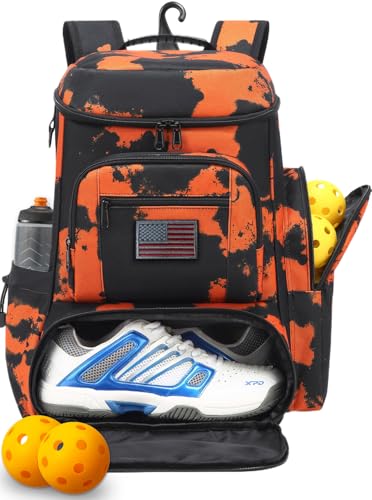 HAMBOLY Premium Pickleball Bag for Men & Women — Large Pickleball Backpack with Padded Paddle Pocket & Shoe Compartment, Tournament Ready with Insulated Cooler & Fence Hook - color: Orange Graffiti
