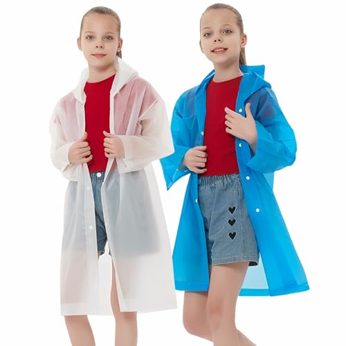 Rain Ponchos Raincoats for Kids, Reusable Boys Girls Rain Jackets Emergency with Hood for Family Disney Travel Outdoor - color: F-1white+1blue