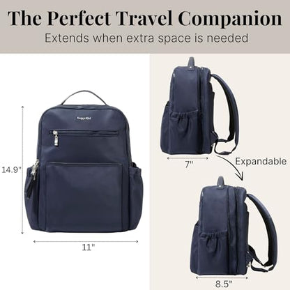 Baggallini Tribeca Expandable Laptop Backpack - 15"x11" Lightweight RFID Computer Bag for Work & Travel with Luggage Sleeve - color: French Navy Twill