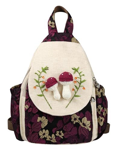 Small Canvas Backpack, Retro Boho Washed Hippie for Women Daily Commute (Mushroom Decorations) - color: Mushroom1