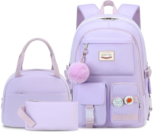 Spotted Tiger School Backpack for Girls Backpack with Lunch Box Anime Bookbag Set School Bag Kawaii Backpacks for Girls Teens (Purple) - color: Purple
