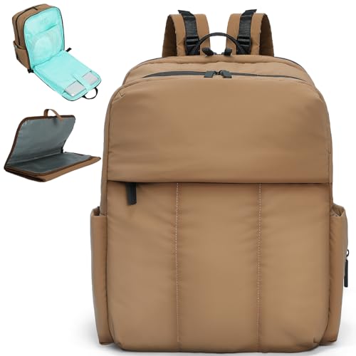 MOMINSIDE Diaper Bag Backpack - Large Puffer Diaper Bag - Neoprene Diaper Bag Quilted Baby Bag, Large Changing Pad, 15 Pockets, Lightweight, Brown - color: Brown