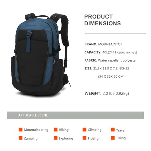 MOUNTAINTOP 30L Hiking Backpack,Men Women Camping Backpack,Lightweight Trekking Travel Backpacks for Climbing Skiing Cycling - color: Blue-40l, size: 40L