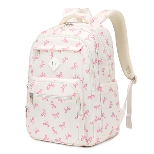 Sisipoet Girls Backpack, Lightweight School Backpack Multiple-pocket College Bookbag for Teen Girls Travel Backpack with Luggage Strap for Women, Beige with Pink Bow - color: Beige Bow