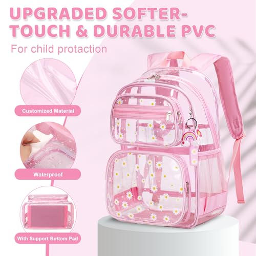 ACESAK Clear Backpack for Girls - 3 Pcs Clear Backpack Heavy Duty with Lunch Bag - See Through Bookbag Stadium Approved for Kids Middle High College School Sport Travel (Pink Daisy) - color: Pink Daisy