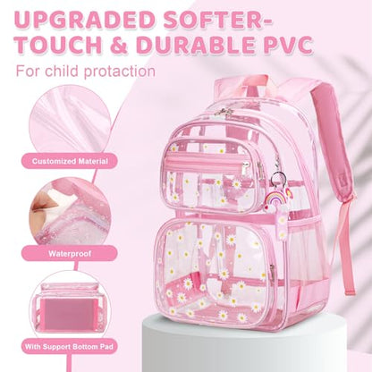 ACESAK Clear Backpack for Girls - 3 Pcs Clear Backpack Heavy Duty with Lunch Bag - See Through Bookbag Stadium Approved for Kids Middle High College School Sport Travel (Pink Daisy) - color: Pink Daisy