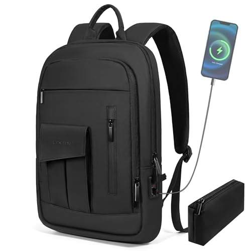 Business Backpack for Men Slim Lightweight Laptop Backpack for 17.3 Inch Computer Water Resistant Small Office Backpack for Commute Travel Daily Office Work with Small Bag (Black, 17.3") - color: Black, size: 17.3", style: With Pocket
