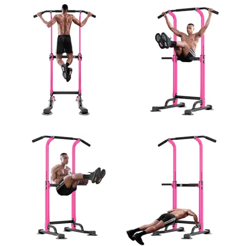 SogesPower Power Tower Dip Station Pull Up Bar for Home Gym Adjustable Height Strength Training Workout Equipment,Pull Up Bar Station - color: Pink
