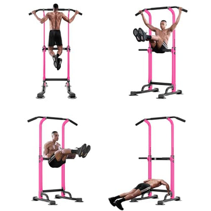 SogesPower Power Tower Dip Station Pull Up Bar for Home Gym Adjustable Height Strength Training Workout Equipment,Pull Up Bar Station - color: Pink