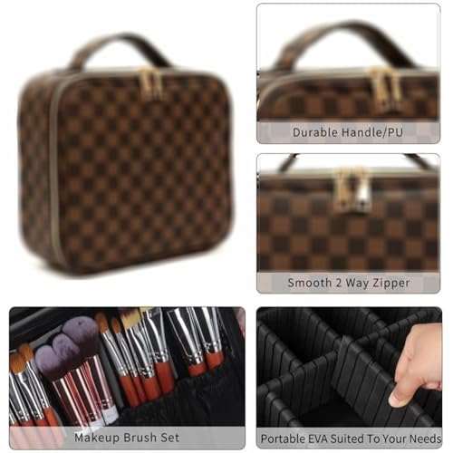 Makeup Bag,4 Pcs Brown Checkered Bags Set,Portable with Adjustable Partition,Large Capacity Pouch for Travel Cosmetic Organizer, Coin Purse, Brushes Bag,Toiletries,Waterproof,Designer for Gift
