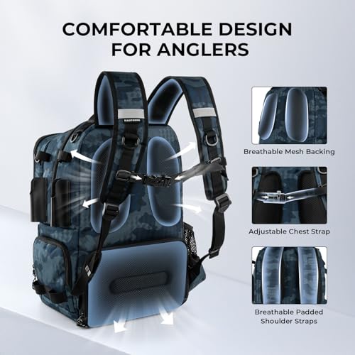 KastKing BaitSpace Fishing Tackle Backpack with Removable Bait Binder,2 Rod Holders Storage Fishing Gear and Equipment - color: C: Blue Camo (With (4) 3600 Tackle Boxes)