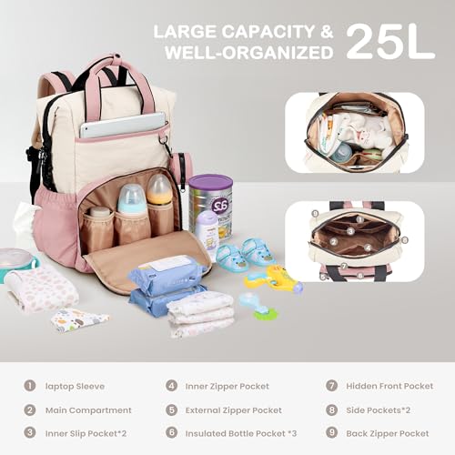 VONAL Diaper Bag Backpack, Lightweight Baby Diaper Bags, Travel Large Diaper Bag with Changing Station, Pink Diaper Backpack for Boys Girls Newborn with Insulated Pockets, Stroller Straps - color: Pink