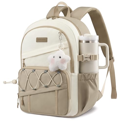 LOVEVOOK School Backpack for Teen Girls,Lightweight 17.3"Student Laptop Bag | Cute Kids Bookbag with Water Bottle Holder,Large Capacity College Backpack with Reinforced Bottom Board for School&Daily Use - color: Khaki - Off White, size: 17.3 inch