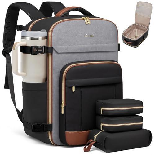 LOVEVOOK 50L Travel Backpack for Women & Men - 18 Inch Carry On Backpack & Personal Item Backpack for Airlines, Spacious and Durable Design, with 3 Packing Cubes - color: Black-grey-brown, size: X-Large-50L-4Pcs