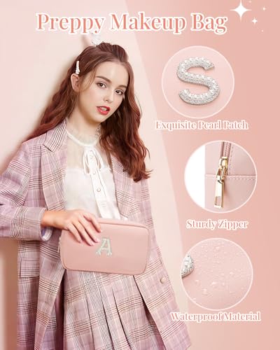 VLANDO Graduation Gifts,Girls Makeup Bag Travel Bag Makeup Pouch for Bridal Shower Gifts Wedding Gift Pearl Patch Makeup Purse for Teen Girls Trendy Stuff Letter A - color: 03-Pink-A