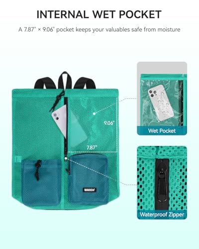 WANDF Swim Bag for Swimmers, Mesh Beach Backpack - color: Turquoise With 2 Front Pockets, size: Large