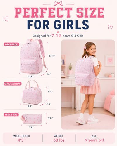 CAMTOP Girls Backpack with Lunch Box Set, Cute Bow School Backpack for Kids, 3-in-1 Lightweight Lunch Bag and Pencil Pouch - color: Pinck Bow Heart