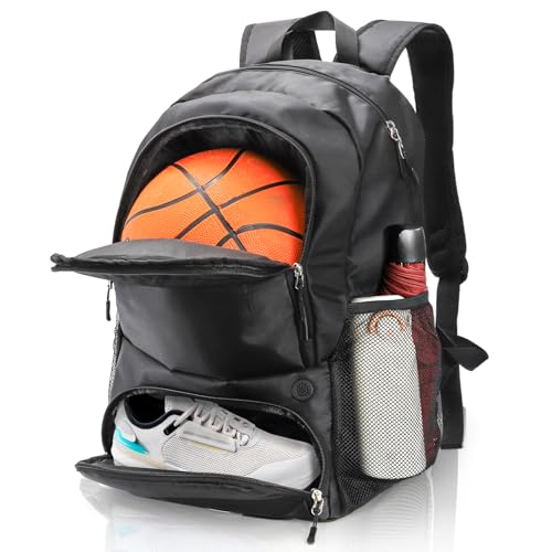 Basketball Backpack, Large Soccer Bag with Separate Ball Holder Shoe Compartment, Black Sport Bag for Basketball, Soccer, Football, Volleyball, Gym, Training, Travel