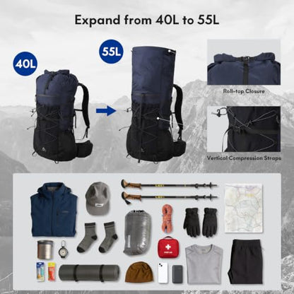 Haimont 40L+15L Roll-Top Backpacking Pack with Rain Cover, Blue | Expandable 55L, Hip Belt Support, Sleeping Pad Carry, Pole Attachments, YKK & Duraflex - color: Blue