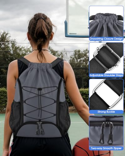 BROTOU Soccer Bags, Football Backpack, Volleyball Bag, Drawstring Soccer Backpack with Ball and Shoe Compartment - color: Dark Gray