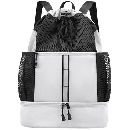 PinCute Drawstring Gym Bag for Men/Women - Mesh Beach Swim Bags Sports Backpack with Wet Pocket&Shoe Compartment, Lightweight - color: White