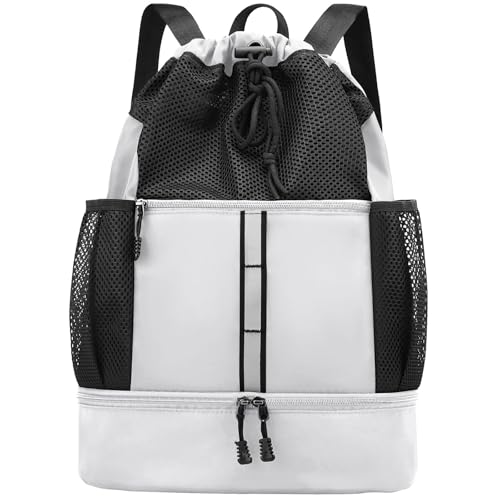 PinCute Drawstring Gym Bag for Men/Women - Mesh Beach Swim Bags Sports Backpack with Wet Pocket&Shoe Compartment, Lightweight - color: White