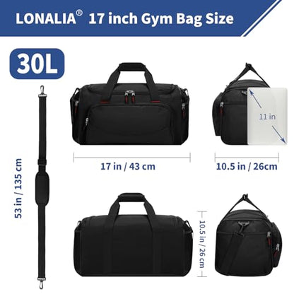 30L Gym Sport Duffle Bag - 17 inch Carry on Weekender Overnight Bag for Travel, Workout, Fitness (Black-30L) - color: Black