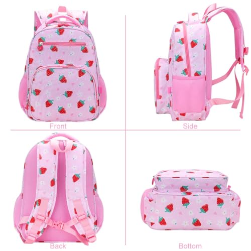 RHCPFOVR Kids Backpack for Girls - Girls Backpack 3-8 Ages Strawberry for Kids 15 Inch School Bookbag for Kindergarten Elementary School Bookbag for Girl 1st 2nd Grade - style: Pink Strawberry