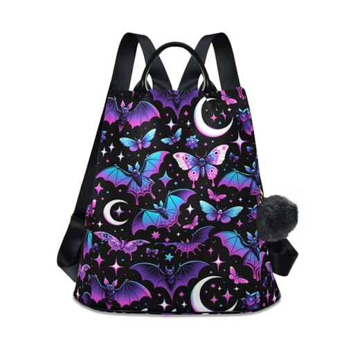 MNSRUU Women Backpack Purse Neon Purple and Bats Stars and Moons Backpack for Women Anti-theft Shoulder Bag Carry On Backpack Lightweight Rucksack Fashion Travel Ladies Bags - color: Bats A8889