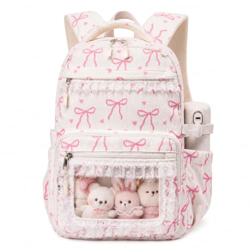 LEDAOU School Backpack for Teen Girls Elementary Middle School Bookbag Kids Backpacks Women Laptop Backpack Travel Daypack (Lace Clear Pocket - Bow Beige) - color: Lace Clear Pocket - Bow Beige
