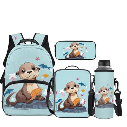 JEOCODY Cute Sea Otter Backpack for Girls Kids School Bag with Lunch Bag Pencil Case and Water Bottle Holder Casual Daypack for Travel Hiking, Back to School Accessories - color: Blue Sea Otter