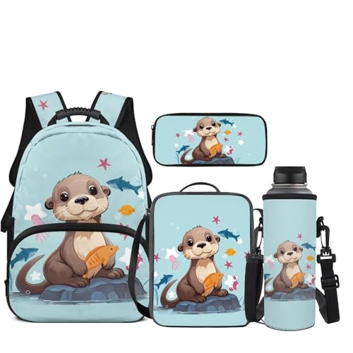 JEOCODY Cute Sea Otter Backpack for Girls Kids School Bag with Lunch Bag Pencil Case and Water Bottle Holder Casual Daypack for Travel Hiking, Back to School Accessories - color: Blue Sea Otter