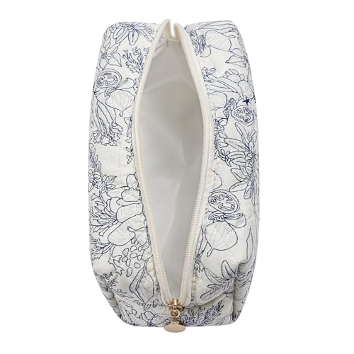 Cute Floral Makeup Bag Small Cotton Quilted Cosmetic Bag, Aesthetic Essential Bag Emergency Bag Gift for Women Girls Travel Accessories (Navy Flowers) - color: A5 Navy Flowers