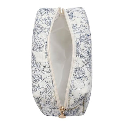 Cute Floral Makeup Bag Small Cotton Quilted Cosmetic Bag, Aesthetic Essential Bag Emergency Bag Gift for Women Girls Travel Accessories (Navy Flowers) - color: A5 Navy Flowers