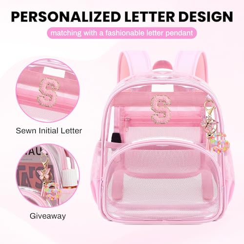 PIG PIG GIRL Clear Backpacks for Stadium Events Approved 12×6×12 Clear Bookbag for Women Mini Transparent Letter Back Pack, Pink, Letter-S - color: Pink, style: S