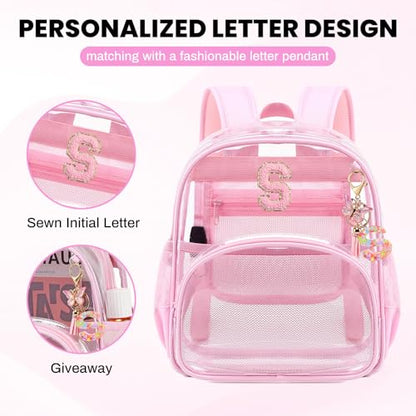 PIG PIG GIRL Clear Backpacks for Stadium Events Approved 12×6×12 Clear Bookbag for Women Mini Transparent Letter Back Pack, Pink, Letter-S - color: Pink, style: S