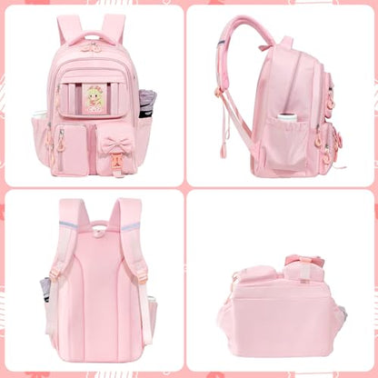 Kids Backpack for Girls, Cute Kawaii Pink Backpacks with Cartoon Doll, Aesthetic Multiple Pockets Bow Bookbag for Elementary Middle High School (Pink)